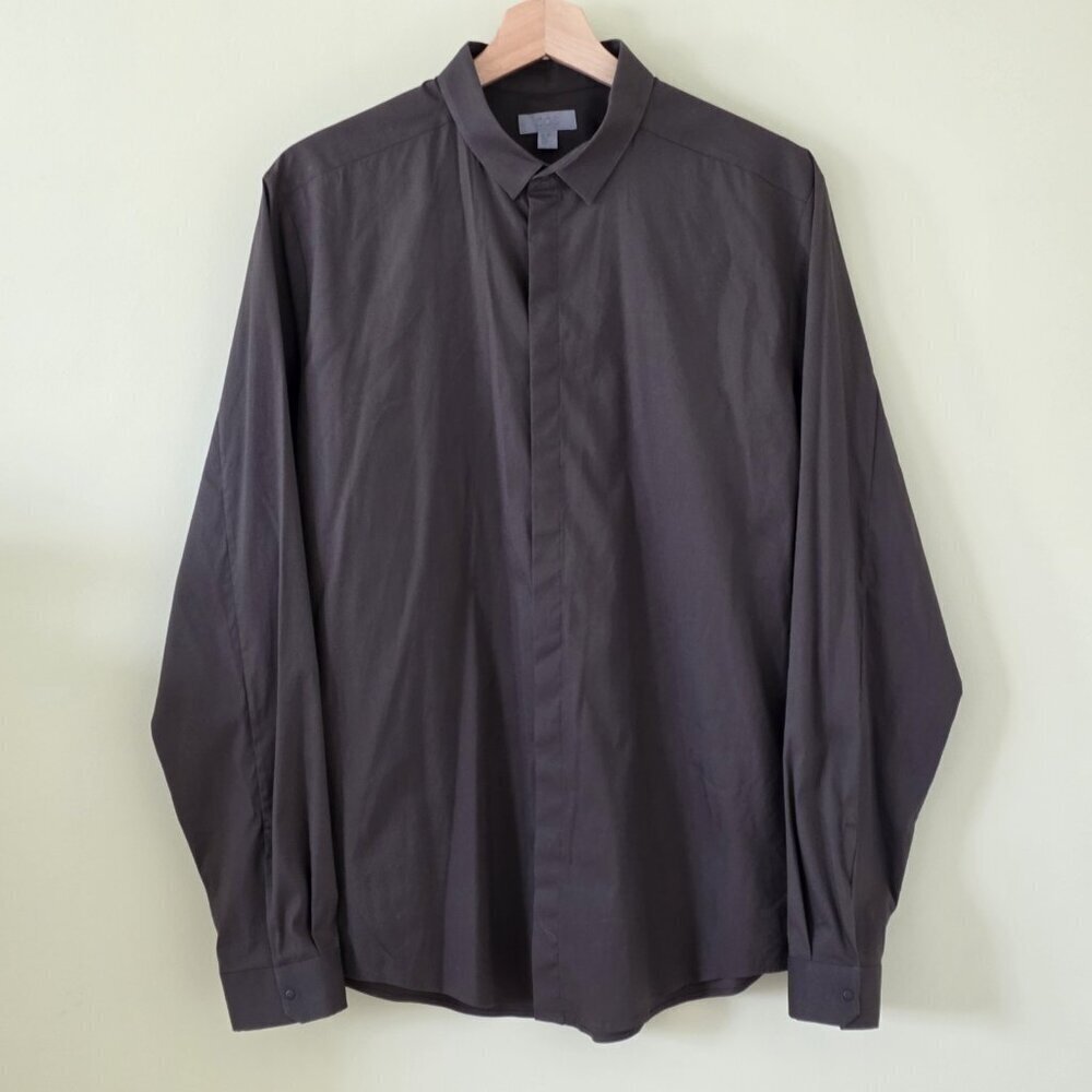 COS Shirt Mens 15 3/4 Dark Green Collared Buttons LS Stretch Cotton Blend Grunge